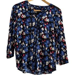 Talbots Women's Size PM Multicolor Split Neck Floral 3/4 Sleeve Top Blouse